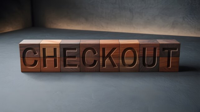 Checkout retail concept. E-commerce shopping cart final step, payment transaction, digital purchase web order. Dark wooden cubes, dark concrete background floor. Web UI button design concept photo art