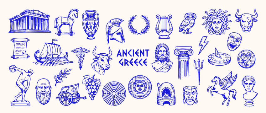 Ancient Greek Icons Collage: A collection of blue ink illustrations depicting various symbols and figures from ancient Greece, including architecture, mythology, and daily life.