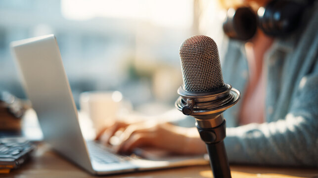 Freelancer Recording Voice Command to AI Writing Assistant on Laptop in Modern Office