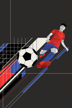 Polygon soccer player with abstract geometric shooting ball on gray background vertical template have blank space.