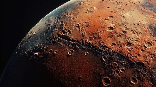 Close up view of the planet mars with craters and textured surface