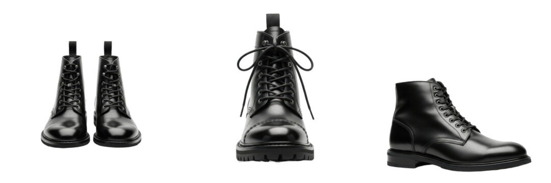 Black leather high top combat lace boot isolated PNG.