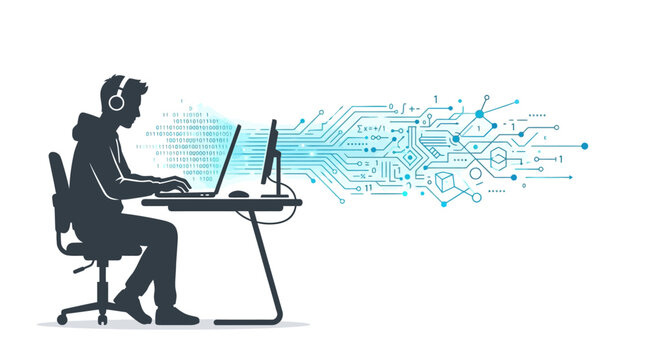 A silhouette of a gamer or programmer sitting at a desk working on a laptop with digital network connections.