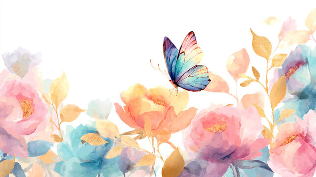 watercolor botanical butterfly and flowers texture template background.Elegant wedding invitation card background . Minimal hand painted Design for wedding or Valentine's Day