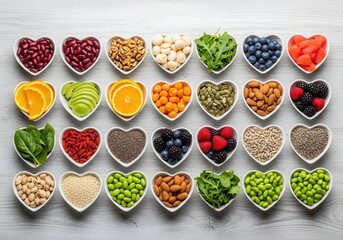 Naklejka premium Healthy Superfood Assortment in Heart Shaped Bowls on White Wooden Background for Balanced Diet and Nutrition Concept