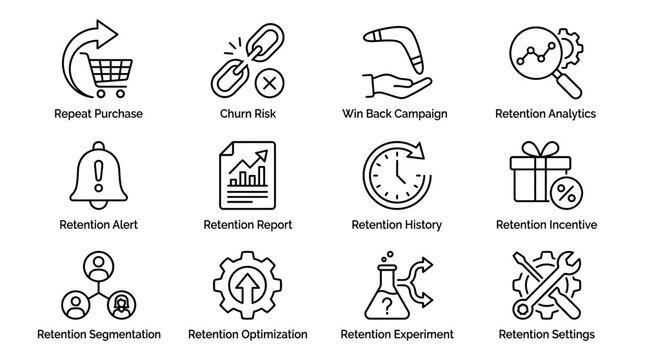 Customer retention and loyalty management marketing icons set.
