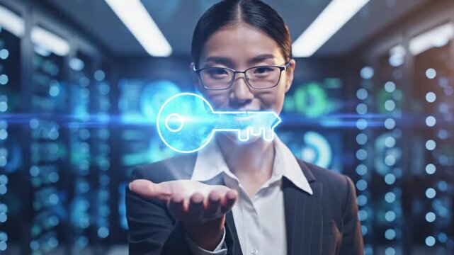 Futuristic digital security concept featuring a professional business person holding a glowing encryption key icon representing passkeys and modern passwordless authentication technology.