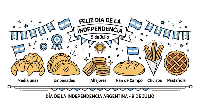 Argentina Independence Day illustration with traditional food and festive decorations.