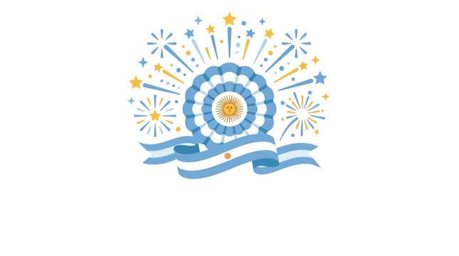 Argentina national emblem with May Sun and ribbon surrounded by fireworks.