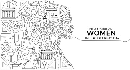 Fototapeta premium International Women in Engineering Day: Woman's silhouette formed by engineering drawings and blueprints