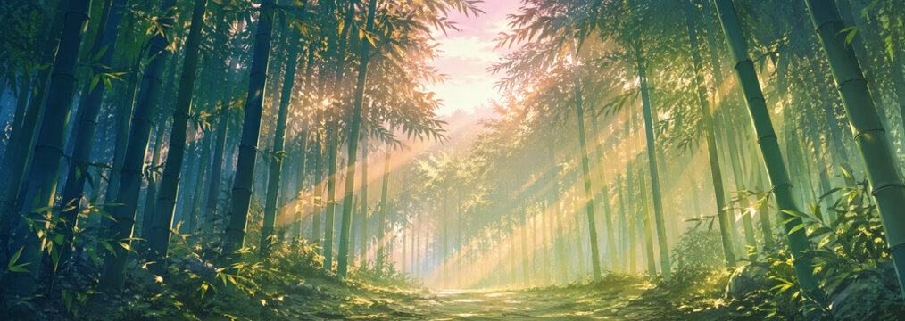 朝日が差し込む幻想的な竹林の道