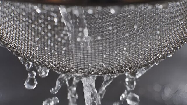 Water being strained through a metal sieve close up.