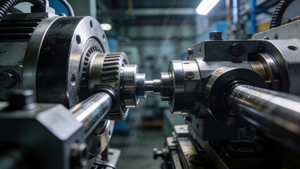 Fototapeta premium Detailed view of shiny metal gears interlocking in a mechanical system showcasing engineering precision and industrial machinery components in close-up photo