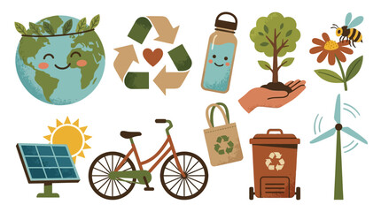 Cute cartoon illustrations of environmental protection and sustainability elements, including recycling, renewable energy, eco-friendly transport, and nature conservation. © Insan