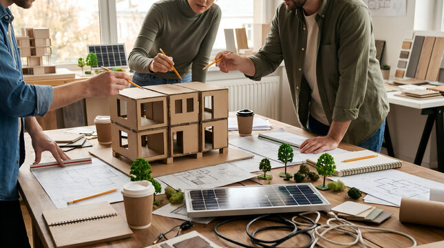 Group of architects and engineers collaborating on sustainable housing project with 3d architectural model and solar panels in modern office studio
