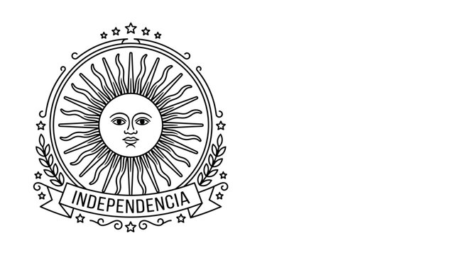 Black and white graphic emblem featuring a stylized sun with human face and independence banner.