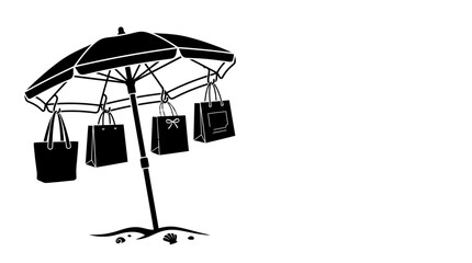 Black and white illustration of an umbrella with shopping bags hanging from the ribs. © alfan fikri