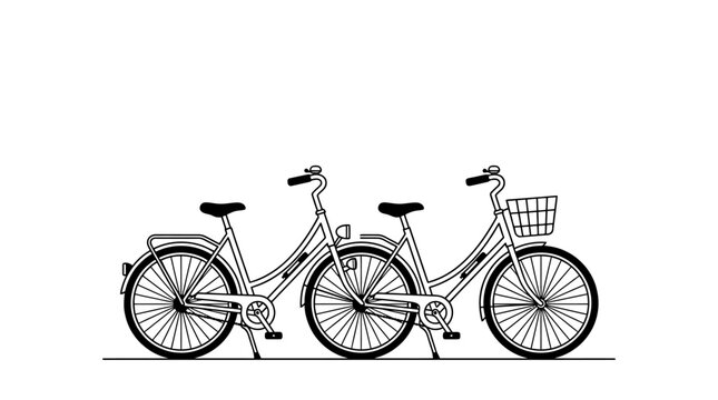 Black and white illustration of two bicycles connected together.