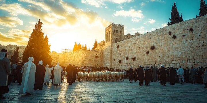 Kohanim bringing sheep to the western wall during passover celebration in jerusalem