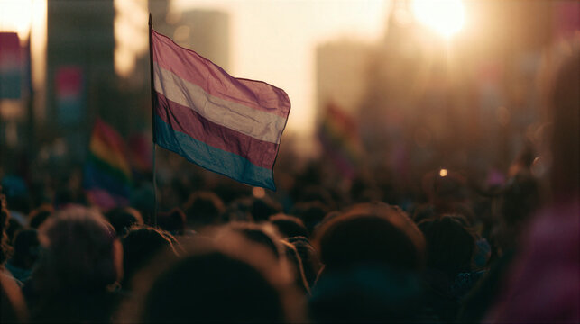 Golden Hour Pride: City Street Celebration, Diverse Crowd, Genderfluid Flag Waves