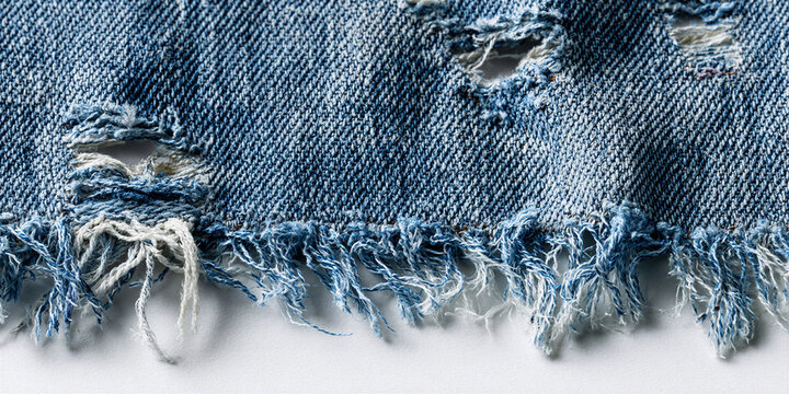 Distressed Denim Fabric Close-Up: Worn, Textured, Fringed, Ideal for Fashion, Art, or Design Projects