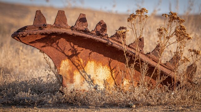 Jagged Rusty Metal Fragment with Sharp Corroded Edges in Arid Landscape