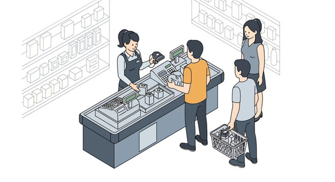 People paying for groceries at a supermarket checkout counter in an isometric view