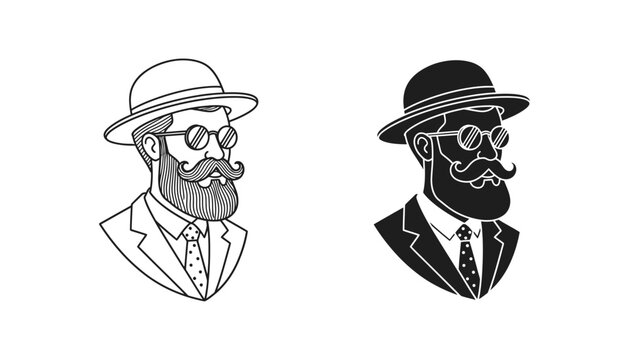 Gentleman with a mustache and beard wearing a bowler hat and glasses in clean vector line art and solid black silhouette styles