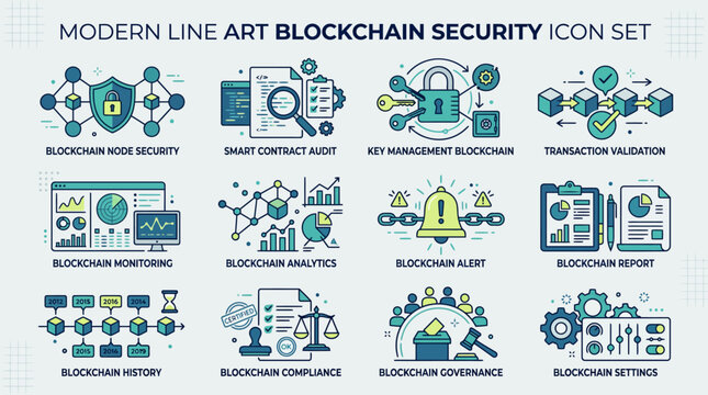Modern line art blockchain security and technology icon set.