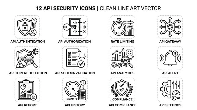 Set of 12 API Security and Management Icons in Clean Line Art Vector Style.