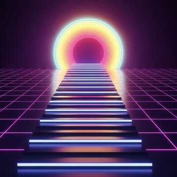 A glowing retro-futuristic staircase ascends toward a vibrant neon sun, featuring deep purple and pink gradients with grid-like patterns, aesthetic, glowing, outrun