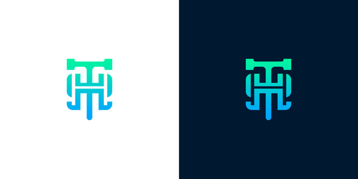 Monogram Logo Design with Interlocking Letters 'TH' in Gradient Blue and Green on White and Dark Backgrounds