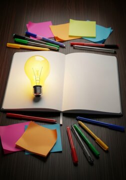 A glowing yellow lightbulb rests on a clean open sketchbook surrounded by vibrant sticky notes and colorful pens on a dark wooden surface, inspiration, intelligence, bright