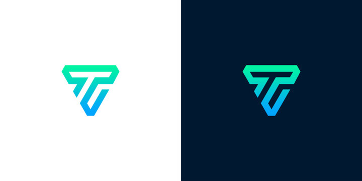 Modern Triangle 'T' Logo Design with Gradient Colors on White and Dark Backgrounds