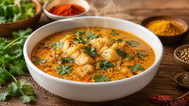 Curry di pesce indiano con salsa cremosa in ciotola bianca su tavolo rustico. Generative AI 