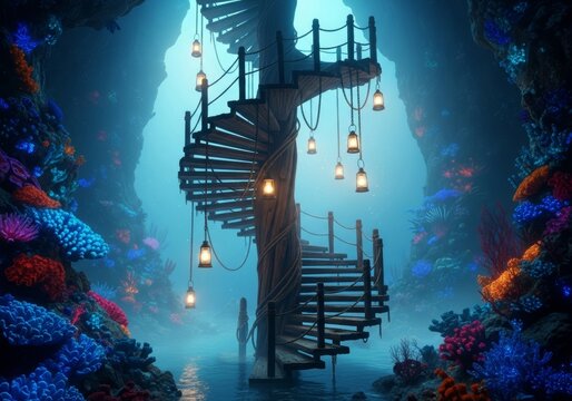A majestic spiral staircase carved from ancient ship timber winds through a misty sea cavern adorned with glowing lanterns and coral reefs, barnacles, shipwreck, cavern