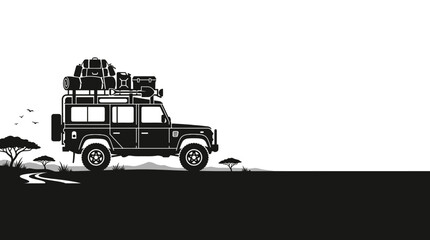 Black and white silhouette of a 4x4 offroad vehicle for safari adventure. © alfan fikri