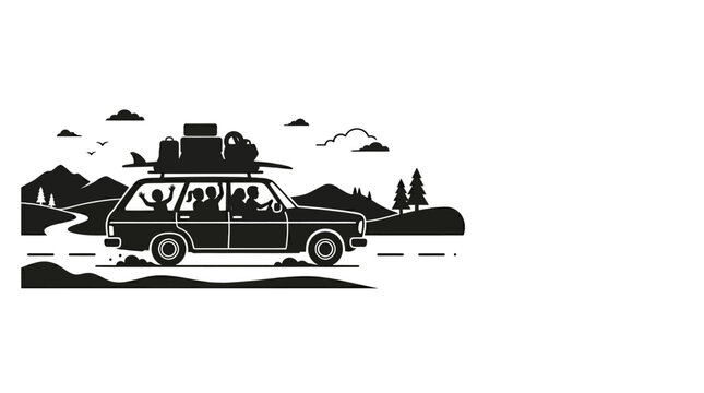 Black and white silhouette of a family traveling by car.