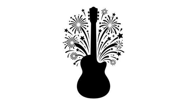 Black silhouette of an acoustic guitar exploding with fireworks.