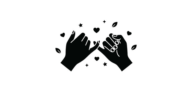 Black silhouette of two hands making a pinky promise gesture with decorative hearts.
