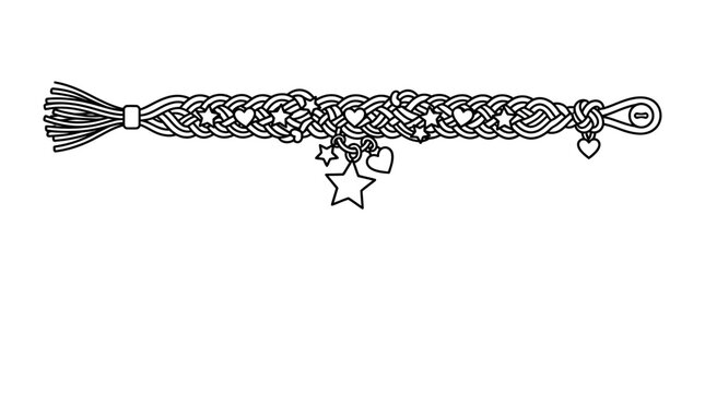 Braided Friendship Bracelet with Heart and Star Charms Line Art.