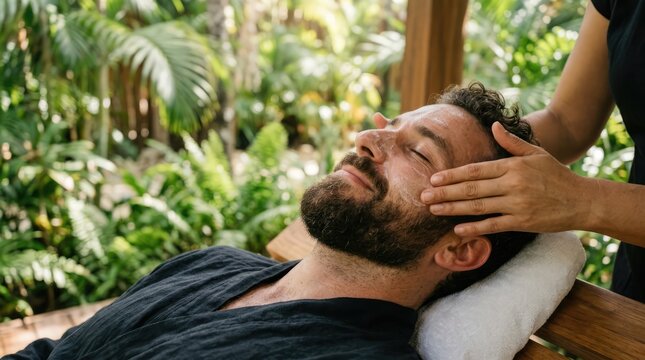 A man receives a soothing massage in a spa setting, promoting relaxation and well-being. A person is giving a man a head massage while relaxing in nature