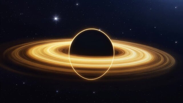 Black hole, glowing golden ring system with orbiting ellipse, deep space background with stars, seamless loop animation, symbolizing cosmic mystery and celestial wonder