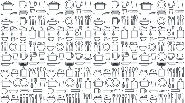 Kitchenware and Cooking Utensils Seamless Pattern with Line Icons Pot Pan Cutlery and Kitchen Tools Symbols for Wallpaper Restaurant Menu Designs