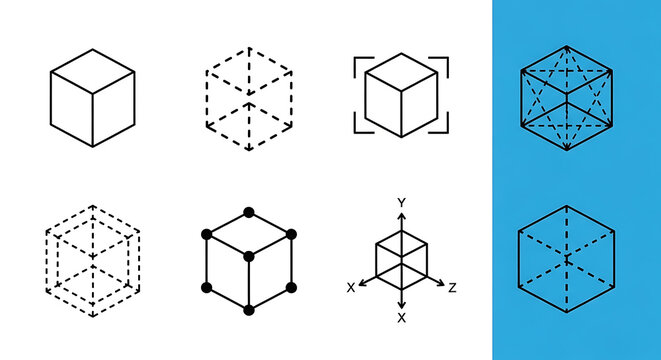 Set of isometric cube geometry icons representing 3D modeling and structural analysis concept with isometric geometry structure modeling technique technical engineering abstract wireframe