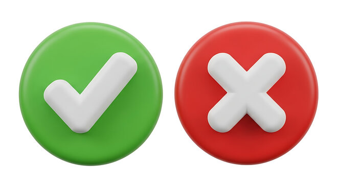 3D rendered green checkmark and red cross symbols representing approval and rejection with checkmark approval rejection decision validate incorrect