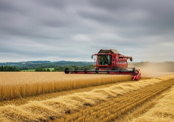 Fototapeta premium Modern Red Combine Harvester Working in a Golden Wheat Field Under a Dramatic Cloudy Sky During Harvest Season