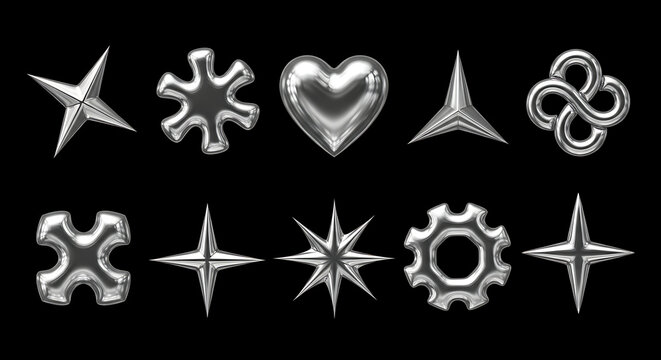Set of ten chrome or metallic shapes including stars hearts and abstract symbols isolated on a black background with metallic abstract elements decoration geometry reflection collection