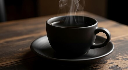 Obraz premium A steaming cup of black coffee sits on a dark wooden table, creating a cozy and inviting atmosphere.