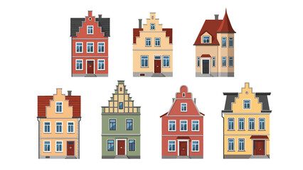 Fototapeta premium Set of colorful cartoon old European houses with gables and multiple windows, isolated on a white background, representing traditional architecture.